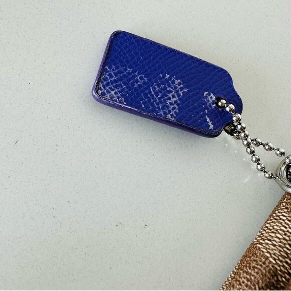 COACH Brown Tan Emblem Logo Purple Zipper Card Holder Wristlet Bag Purse Wallet - Picture 4 of 12